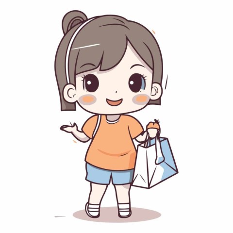 Girl holding shopping bag. Cute cartoon character.