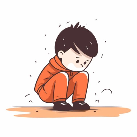 Cute little boy sitting on the ground and crying.