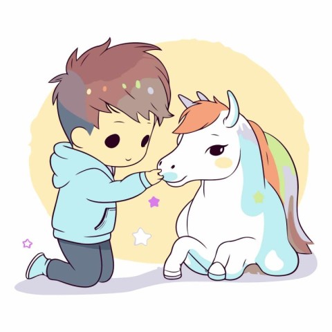 Cute boy playing with a unicorn in cartoon style.