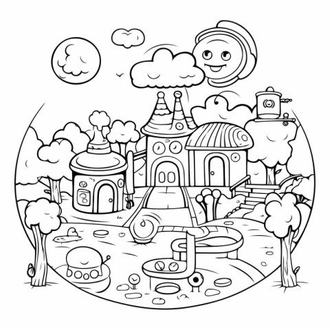 Hand drawn vector illustration of a fairy tale town. Doodle styl