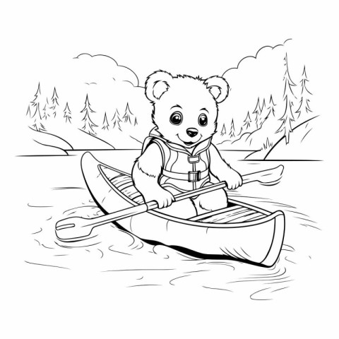 Cute cartoon bear in a kayak for coloring book.