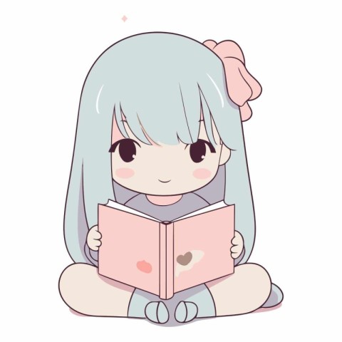 Illustration of a cute little girl reading a book on a white bac