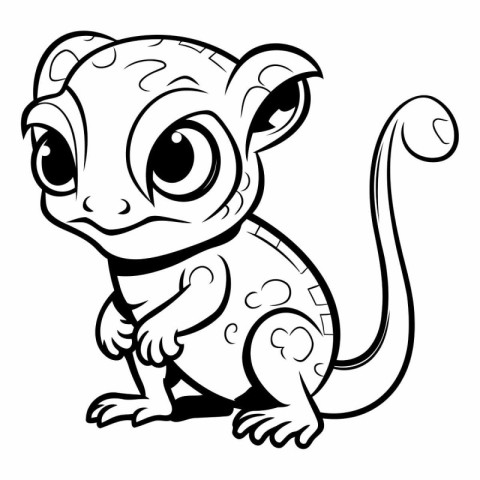 Cute Chameleon - Black and White Cartoon Illustration. Vector