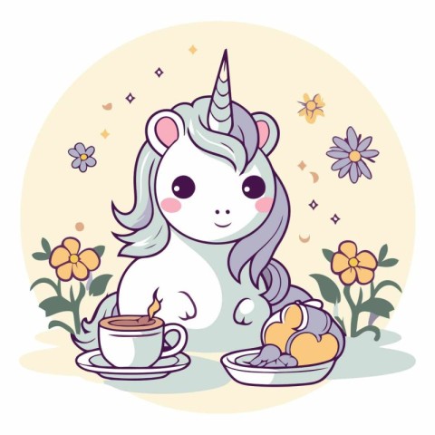 Cute unicorn with cup of coffee and cookies.