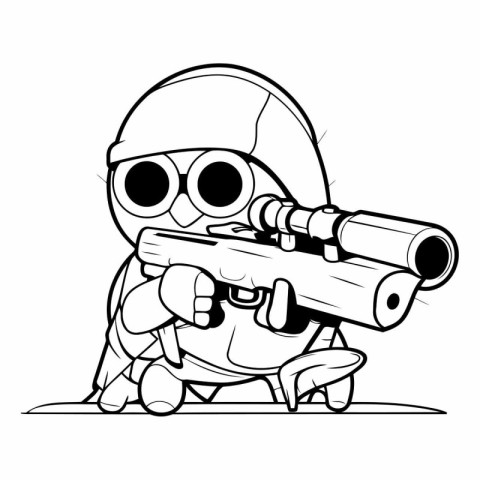 Soldier with Gun - Black and White Cartoon Illustration. Vector