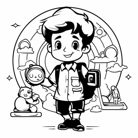 Boy with camera and toys in black and white.