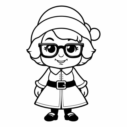 Black and White Cartoon Illustration of Cute Little Girl Wearing