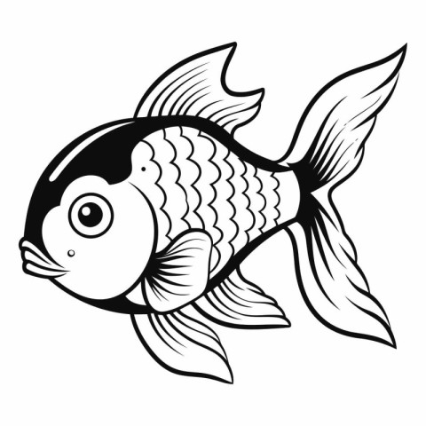 Black and white vector illustration of a goldfish isolated on wh