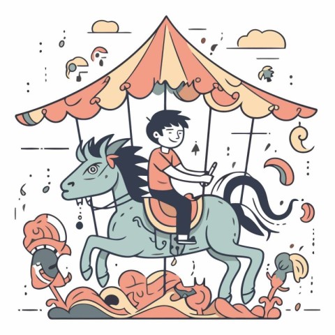 Vector illustration of a boy riding a horse on a carousel.