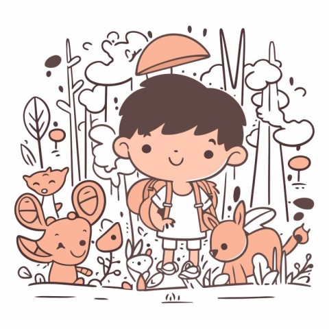 Cute little boy and animals in the forest.