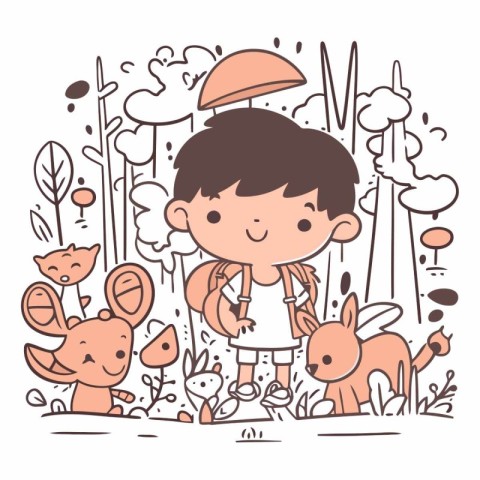 Cute little boy and animals in the forest.