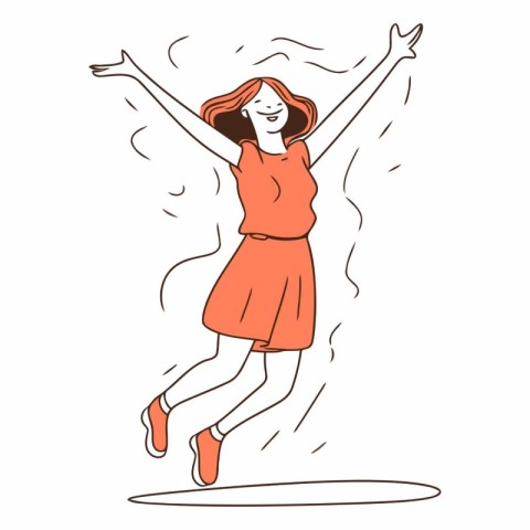 Happy woman jumping in the air in line art style.