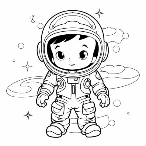 Cute cartoon astronaut in space suit. Black and white vector ill