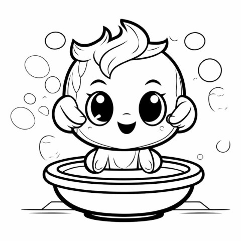 Black and White Cartoon Illustration of Cute Baby Boy Playing wi