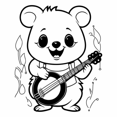 Cute bear playing a banjo. Black and white vector illustration.