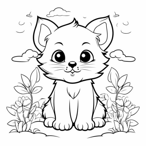 Cute little kitten sitting on the grass with flowers.