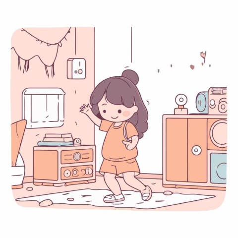 Little girl playing in the room in cartoon style.