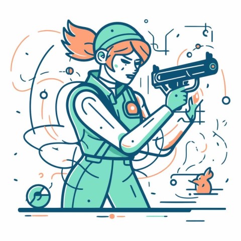 Vector illustration of a girl in a green uniform with a gun.