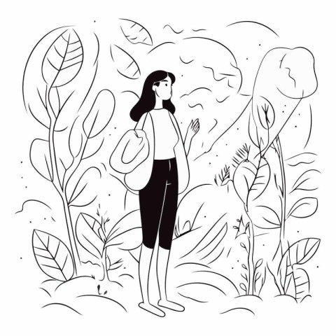 young woman with backpack in the landscape vector illustration d