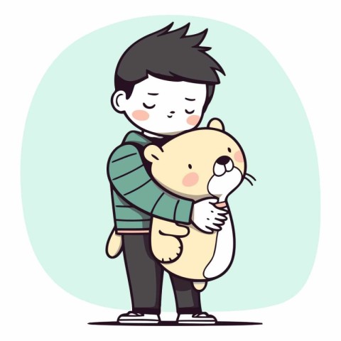 Vector illustration of a boy holding a bear. Cute cartoon charac