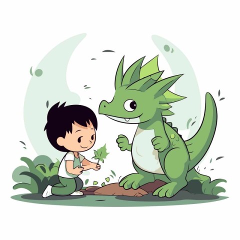 Little boy playing with a dragon in the garden.