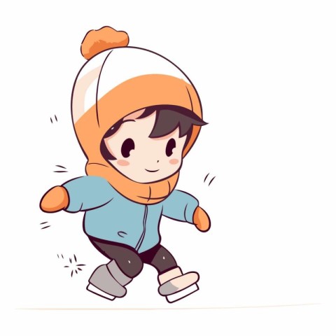 Cute little boy in winter clothes skating on ice.