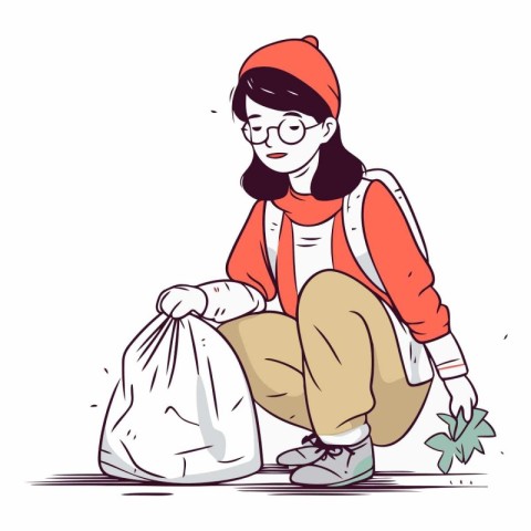 Vector illustration of a young woman with a bag full of garbage.