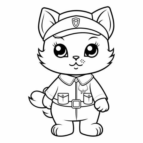 Black and White Cartoon Illustration of Cute Cat Captain Charact