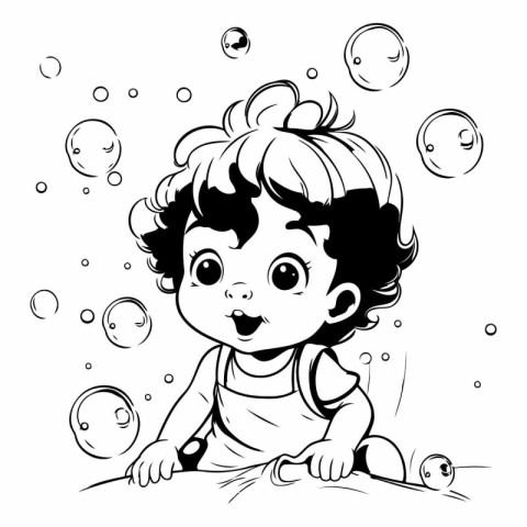 Cute little boy playing with bubbles. black and white vector ill