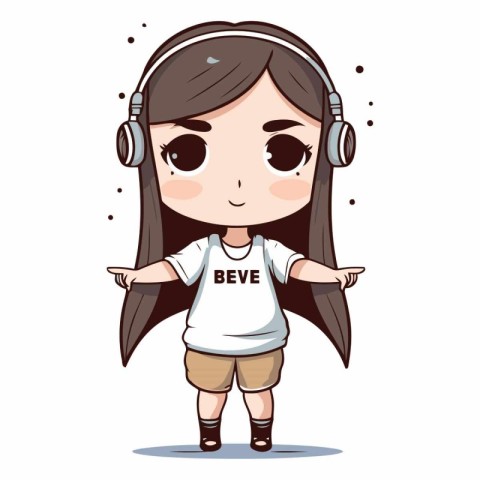 Cute girl with headphones listening to music. Vector cartoon ill