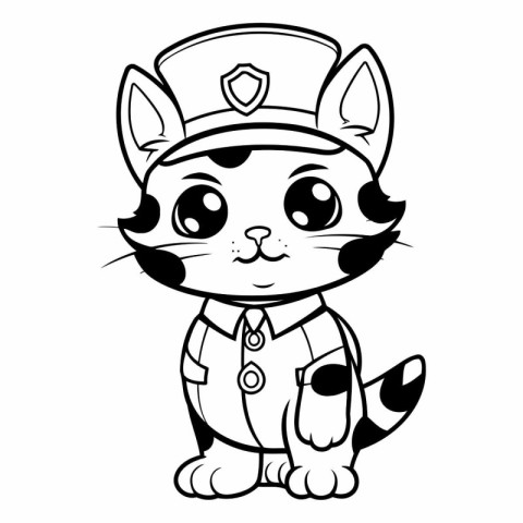 Black and White Cartoon Illustration of Cute Cat Police Animal C