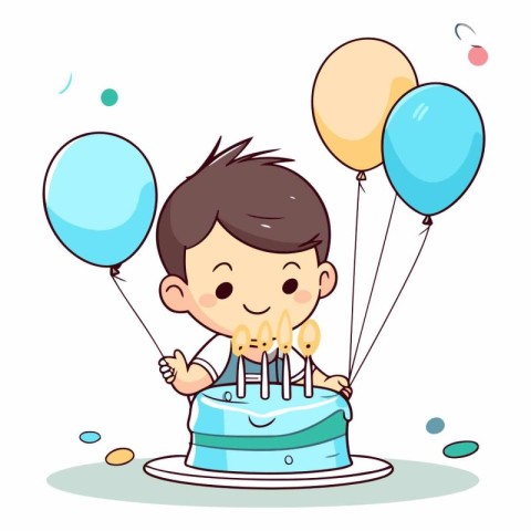 Cute little boy with birthday cake and balloons.