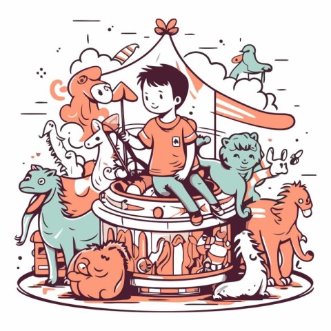 Cute cartoon boy playing on a carousel.