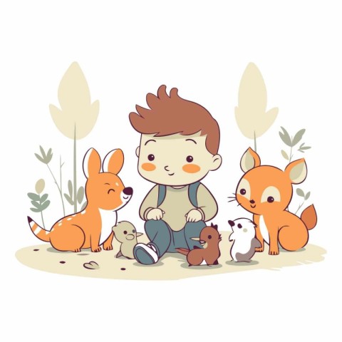 Cute little boy playing with cute little animals.