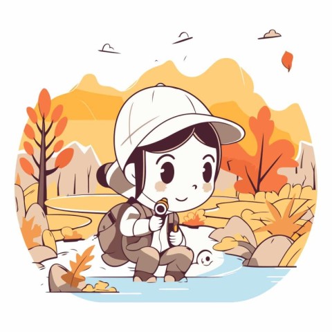 Little boy fishing in the autumn forest. Cute cartoon character.