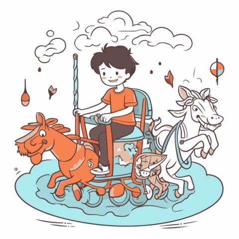 Vector illustration of a boy riding a horse on a carousel.