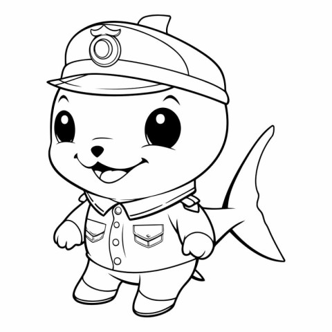 Black and White Cartoon Illustration of Cute Fish Captain Charac