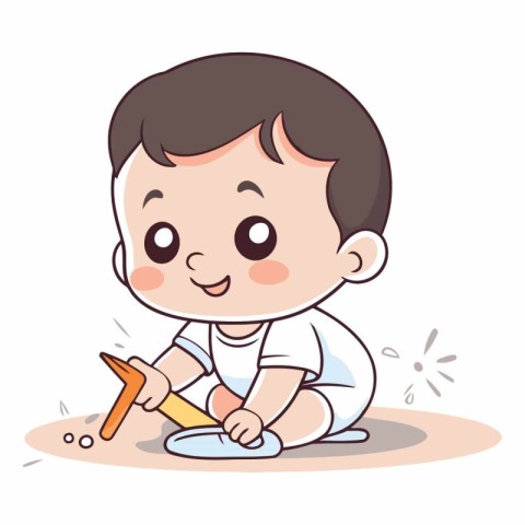 Cute little baby boy playing with toy hammer.