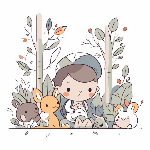 Cute cartoon little boy with rabbit in the forest.