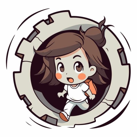 Girl inside the hole of a cogwheel illustration on white backgro