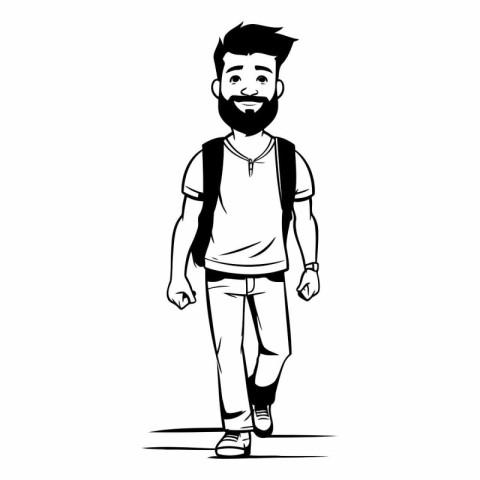 Hipster man walking with backpack. Hand drawn vector illustratio