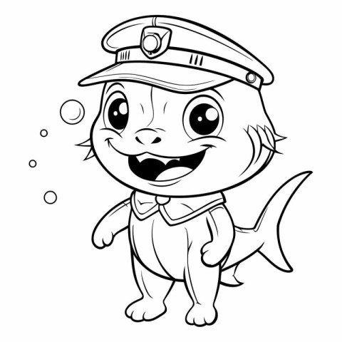 Black and White Cartoon Illustration of Cute Little Fish Captain