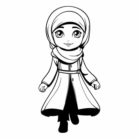 Cute cartoon muslim girl in traditional clothes.