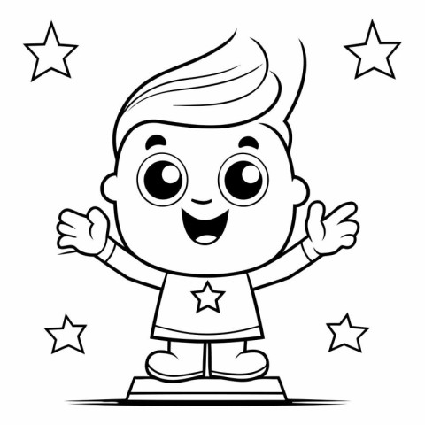 Cartoon Illustration of Kid Boy Character with Stars for Colorin