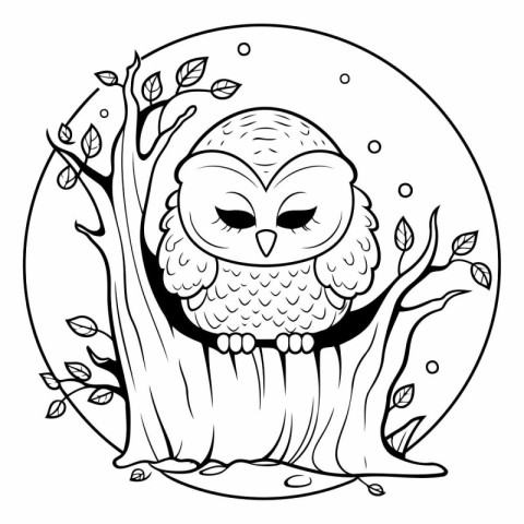 Owl sitting on a tree in the forest. Coloring book for children.