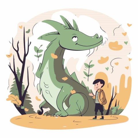 Vector illustration of a boy with a big green dragon in the park