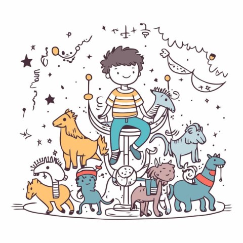 Cute little boy playing with animals for your design