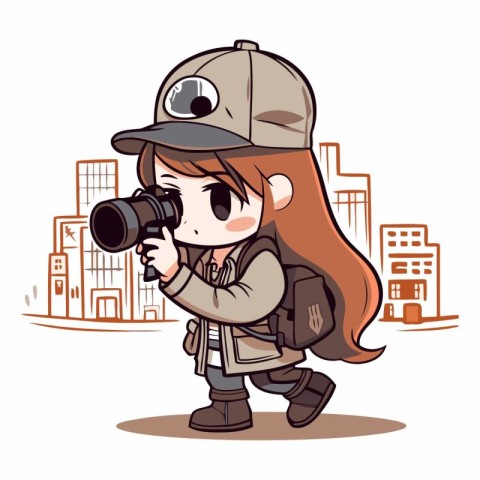 Illustration of a cute girl with a camera in the city.