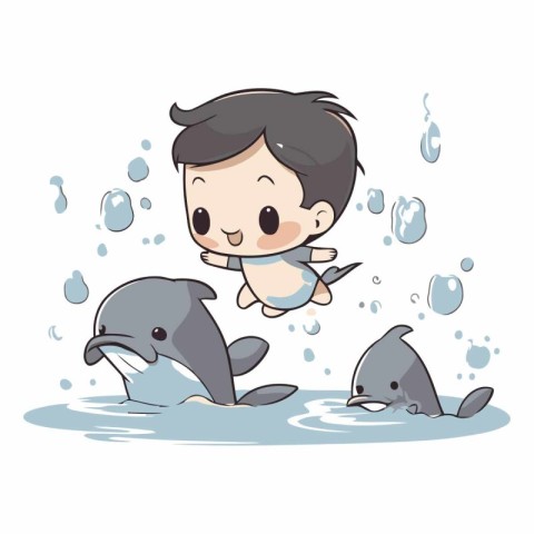 Boy playing with a dolphin in the water of a boy playing with a