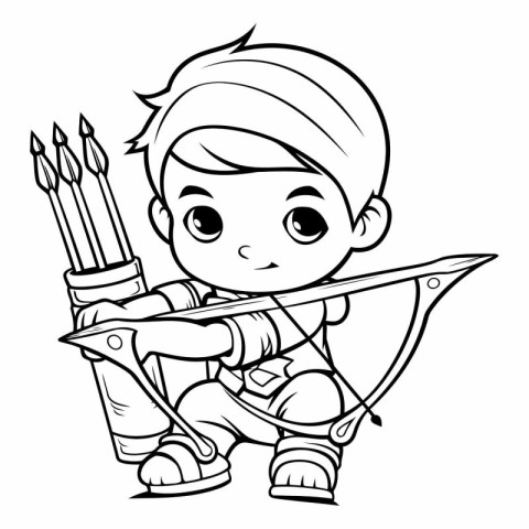 Cute boy with bow and arrow - black and white vector illustratio